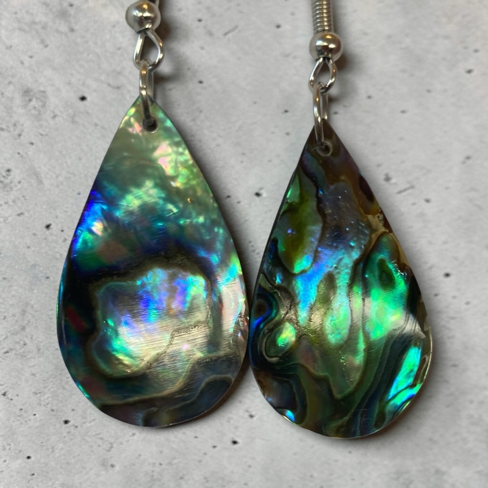 Abalone Teardrop Dangle Earrings - Iridescent Green Blue